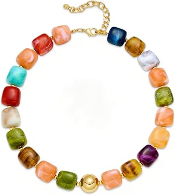  Colorful Chunky Necklaces for Women Trendy Multicolor Large Square Resin Beads Necklace Boho Chunky Statement Choker Necklaces Y2K Summer Jewelry